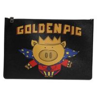 DOLCE & GABBANA Bag Black Leather Golden Pig Print Men Clutch Pouch Borse 610usd