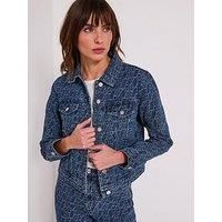 Armani Exchange Women/'s Jaquard Monogram Logo Denim Trucker Jacket, Blue Fancy 1, XS