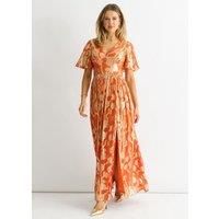 Orange Metallic Jacquard Flutter Sleeves Maxi Dress