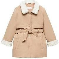 Mango Younger Girls Faux Fur Trim Padded Trench Coat - Beige