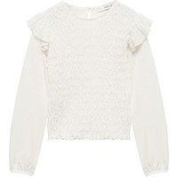 Mango Girls Long Sleeve Textured T-Shirt With Frill Detail - Light Cream