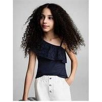 Mango Girls One Shoulder Frill Top - Navy