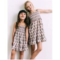 Mango Girls Printed Shirred Strappy Dress - Pink