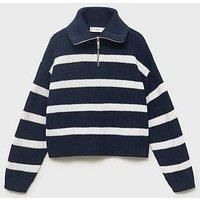 Mango Girls Stripe Knitted Collared Jumper - Navy