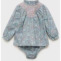 Mango Baby Girls Long Sleeve Floral Dress & Knickers - Blue