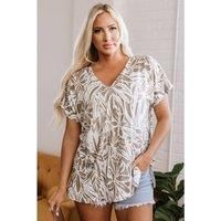 Everyday The Label Women's Khaki Floral Print V Neck Short Sleeve Loose Fit Blouse Blouses | Size: Large