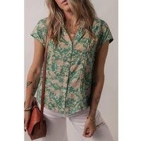 Everyday The Label Women's Green Floral Print Pleated Buttoned V Neck Short Sleeve Blouse Blouses | Size: XL