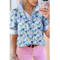 Everyday The Label Women's Sky Blue Floral Print Striped Patchwork Collared Short Sleeve Blouse | Size: Medium