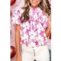 Everyday The Label Women's Rose Floral Frilled Collar Short Sleeve Blouse Top Blouses | Size: Small