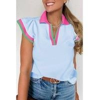 Everyday The Label Women's Beau Blue Color Contrast Ruffled Sleeve Collared V Neck Blouse Blouses | Size: Medium