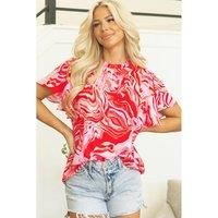 Everyday The Label Women's Red Abstract Print Ruffled Short Sleeve Mock Neck Blouse Blouses | Size: Large