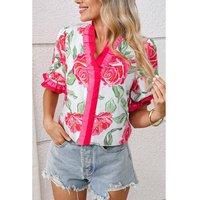 Everyday The Label Women's Rose Floral Frilled V Neck Short Sleeve Blouse Top Blouses | Size: Large