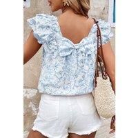 Everyday The Label Women's Sky Blue Floral Ruffled Short Sleeve Bow Back Square Neck Blouse | Size: Small