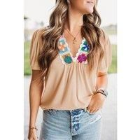 Everyday The Label Women's Pale Chestnut Crochet Floral V Neck Textured Short Sleeve Blouse | Size: Large