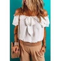 Everyday The Label Women's White Off-Shoulder Ruffle Knotted Detail Swiss Dot Blouse Blouses | Size: Large