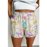 Everyday The Label Women's White Cheerful Bow Print Elastic Pull On Casual Shorts | Size: Medium