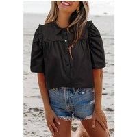 Everyday The Label Women's Black Frilly Puff Sleeve Stylish Collared Shirt Blouses | Size: Large