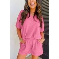 Everyday The Label Women's Pink Textured V Neck T-Shirt & Shorts Set | Size: Large