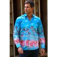 CLAUDIO LUGLI Men's Flamingos In Flight Placement Shirt in Bright Blue | Size: Large