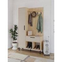 Decortie Hall Tree 35X108X195.3Cm With 4 Metal Hooks 3 Pairs Of Shoes Particleboard Oak Sandstone, Multi