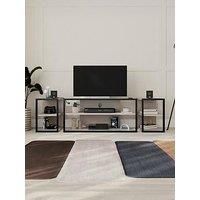 HOCUS PICUS TV Unit Set for TVs up to 43 Inches with 2 Storage Shelf Table, 3 Piece Free Combination Media TV Unit, Metal Frame Particleboard Corner TV Stand Set for Living Room Bedroom (Light Mocha)
