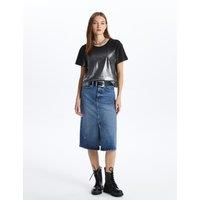 Cotton Denim High Waist Midi Skirt with Slit