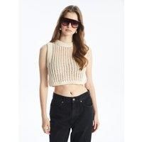 Sleeveless Cropped Knitted Top with Openwork Design Ecru