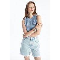 Sleeveless Cropped Knitted Top with Openwork Design Blue