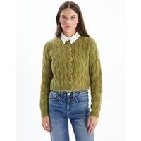 Pearl Button Cable Knit Cropped Cardigan In Olive Green