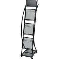 vidaXL Black Magazine Rack | Steel Frame & MDF Board Material | A4 Displays with Paintable Top Board | 3 Shelves & 4 Castor Wheels | Compatible in Office, Living Room, Bedroom | 40x32x131 cm