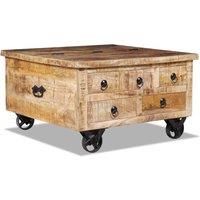 vidaXL Industrial-Style Coffee Table with Iron Wheels and Ample Storage, Handmade Rough Mango Wood Low Table for Living Room/Bedroom - Brown Matte Finish