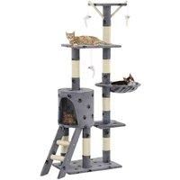 vidaXL Cat Tree Playground Tower with Sisal Scratching Posts, Paw Print Design and Mouse Toys - Grey Plush Finish