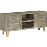 vidaXL Vintage TV Cabinet with Brass Coated Steel Legs, Easy-to-Assemble, Solid Mango Wood, Grey, Organized Media Storage, Farmhouse Style