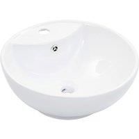vidaXL White Ceramic Wash Basin - Round Basin Design with Overflow, above Counter Installation, Contemporary Gloss Finish - 46.5x18 cm