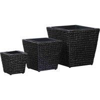 vidaXL Garden Raised Beds in Black - Set of 3 Planters of Different Sizes Made of Water Hyacinth and Steel Frame, with Removable Plastic Inner Pots