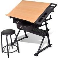 vidaXL Tiltable Tabletop Drawing Table with Stool Home Office Durable with Drawers