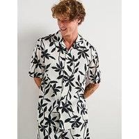 Calvin Klein Revere Collar Printed Linen Short Sleeve Shirt - White