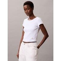 Calvin Klein Women’s Short Sleeve Round Neck Woven Label Rib Baby Tee, White (Brilliant White), XL