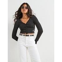 Calvin Klein Women’s Woven Label Ribbed Cardigan with Button Placket, Black (Black), M