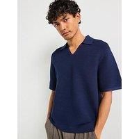 Calvin Klein Textured Revere Collar Knitted Polo Shirt - Navy