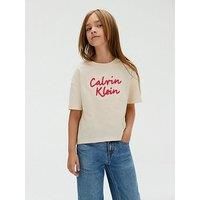 Calvin Klein Jeans Girls Metallic Logo Tech Short Sleeve Boxy T-Shirt - Beige