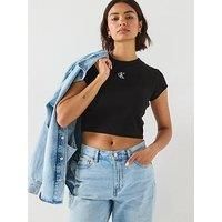 Calvin Klein Women’s Ck Cropped Rib Baby Tee, Black (Ck Black), M