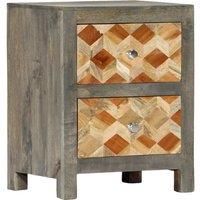 vidaXL Solid Mango Wood Bedside Cabinet in Grey - 40x30x50cm Bohemian Nightstand with Diamond Pattern Drawers for Bedroom Storage