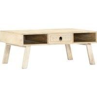 vidaXL Scandinavian Style Coffee Table with Hand Carvings – Solid Mango Wood Living Room Table with Spacious Storage, Drawer and Open Compartments – Beige 100x60x40 cm