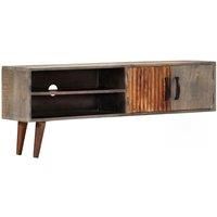 vidaXL TV Cabinet – Grey, 130x30x46 cm, Solid Rough Mango Wood, Modern Design, 2-Door Compartments, Polished & Painted Living Room Furniture