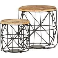 vidaXL Coffee Tables 2 pcs Solid Mango Wood, Vintage-Style, Round Multicolour Furniture with Iron Mesh Base, Polished and Partially Painted for Living Room & Bedroom