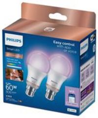 Philips WiZ LED A60 Colour Smart Light Bulb B22 8.5W (2 Pack)