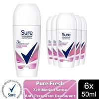 6x Sure Women Motion Sense AP Deodorant Rollon 72H Nonstop, Pure Fresh - 50ml