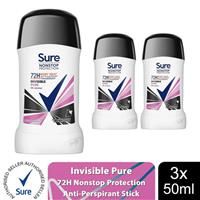 Sure Women Invisible Pure Antiperspirant Stick 72H Nonstop Protection, 3x50ml