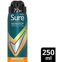 Sure Men Nonstop Protection Energise Anti-Perspirant Aerosol men/'s deodorant spray with Body Heat Activated technology for 72 hour protection against odour and sweat 250 ml